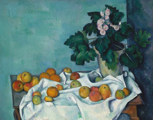 Nature morte aux pommes et pot de primevères de Cézanne (vers 1890), reproduction en affiche d'art