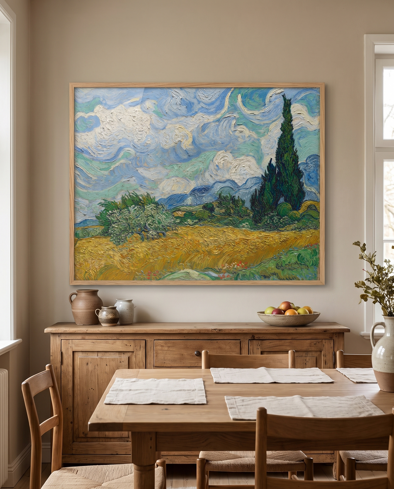 Champ de blé avec cyprès encadré dans une salle à manger
