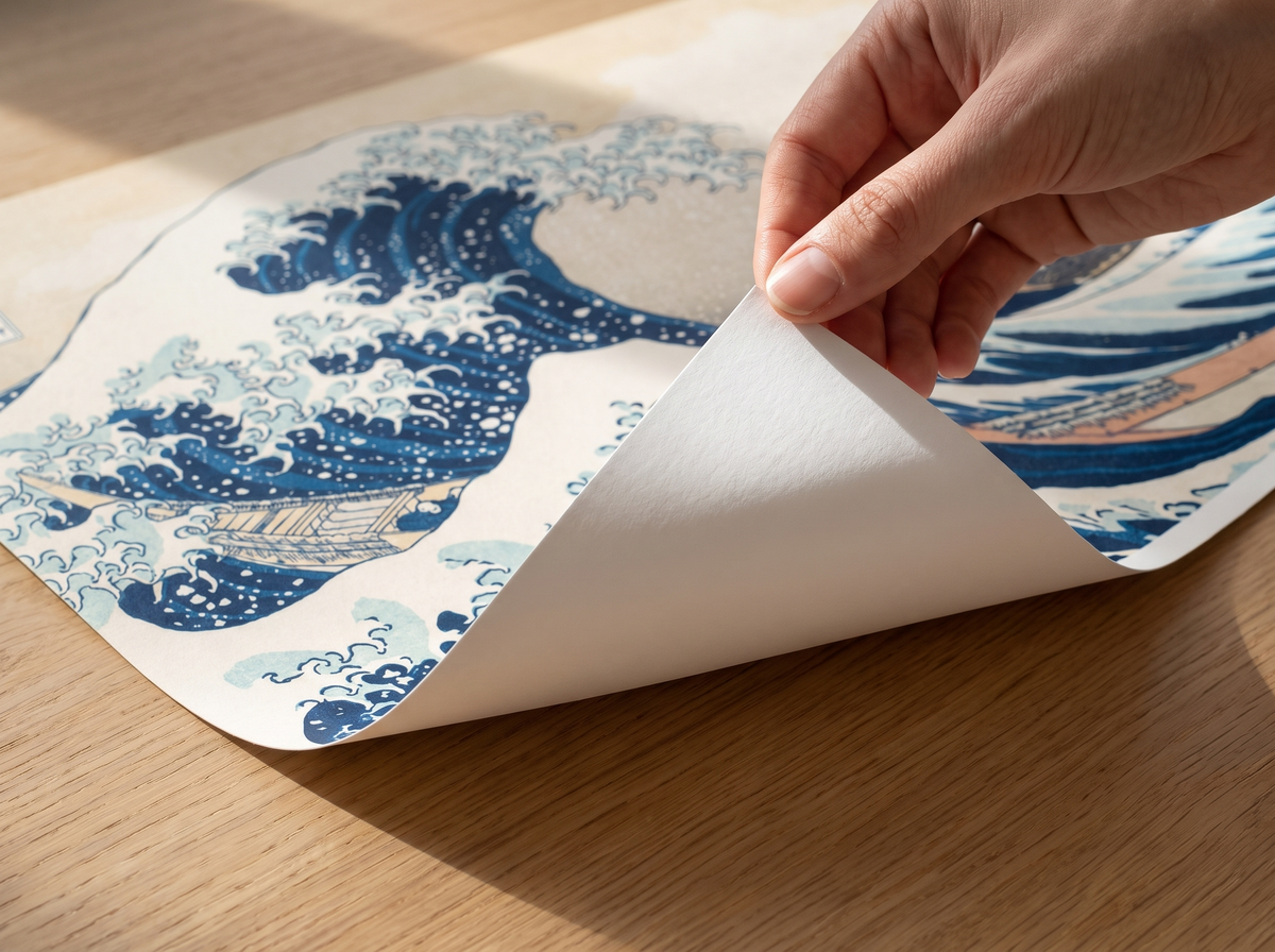 Main soulevant le coin d'un tirage d'art de La Grande Vague, papier mat épais au dos blanc